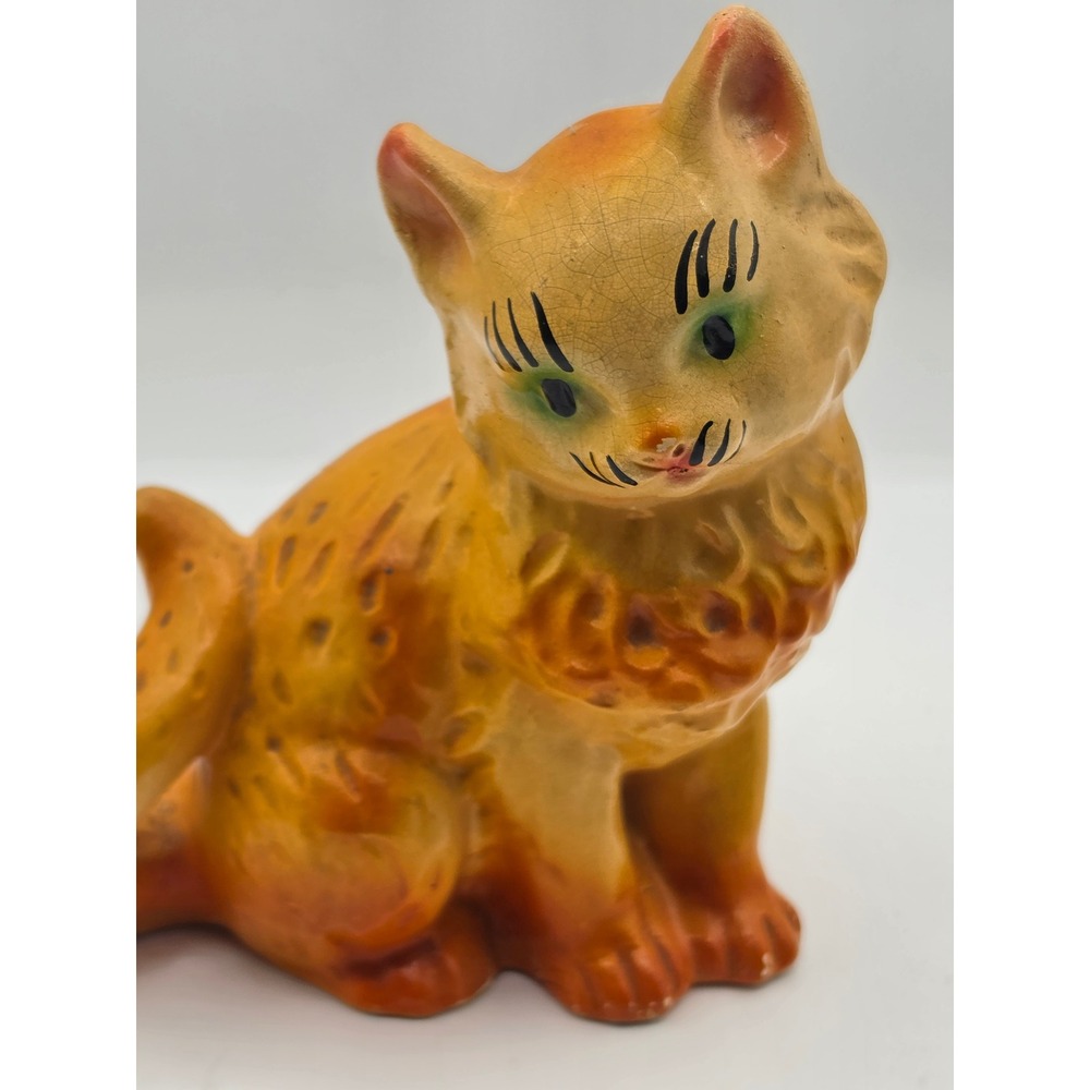 Vintage G.M.G. Art Chalkware Cat Piggy Bank Mid-Century Carnival Prize Orange 6"